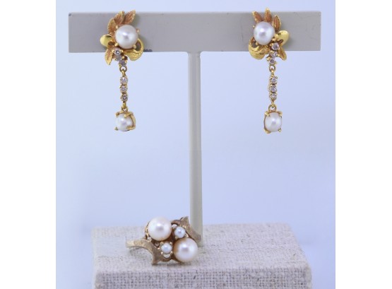 18K Pearl & Diamond Earrings & 10K Gold & Pearl Ring