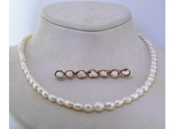 Pearl Necklace & 14K Pearl Pin