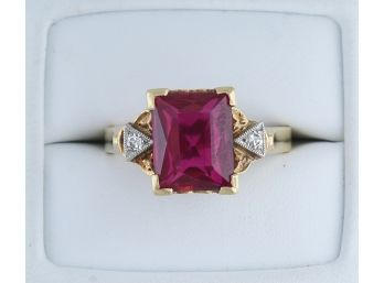 14k Gold Diamond And Synthetic Ruby Ring