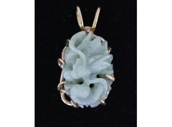 Chinese Carved Green Jade & 14K Pendant