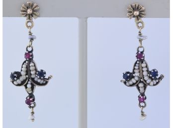 Vintage 14K Ruby, Sapphire & Pearl Earrings