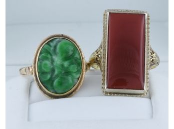 14k Carved Green Jade Ring And Carnelian Ring