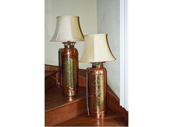 Two Antique Burnished Copper And Brass Fire Extinguisher Lamps (CTF10)