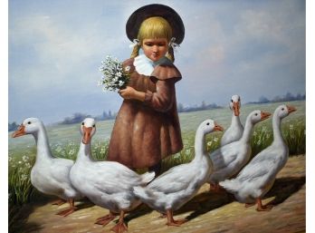 Contemporary O/c Girl With Geese, Signed Spooner (CTF10)