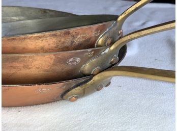 Three E. Delliherin Paris Copper Saute Pans (cTF10)