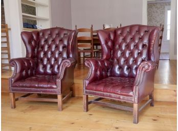 Chippendale Style Tufted Leather Wing Chairs (CTF40)