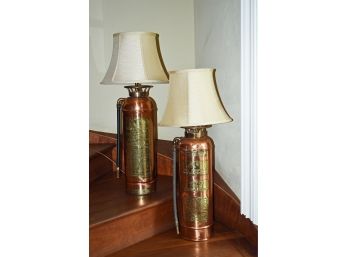 Two Antique Burnished Copper And Brass Fire Extinguisher Lamps (CTF10)