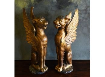 Victorian Carved Wood Gesso And Gilt Decorated Winged Lion Sculptures (CTF10)