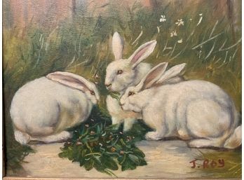 20th C., O/C, White Bunnies By J. Roy (CTF10)