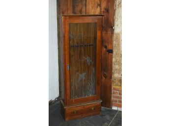 Vintage Mahogany Stained Pine Six-place Gun Safe Cabinet With Flying Ducks Etched Glass Door (CTF 20)