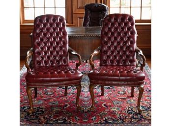 Queen Anne Style Burgundy Tufted Leather Library Chairs (CTF30)