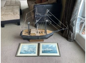 Three-masted Square Rigged Ship Model & Two Sailing Prints (CTF30)