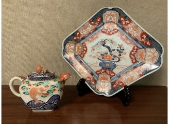 Imari Porcelain Dish & Japanese Imitation Sugar Bowl (CTF10)