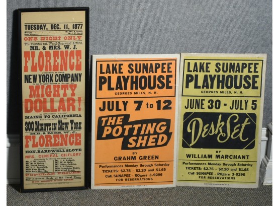 Three Broadside Posters  Lake Sunapee Playhouse And Mr. & Mrs. W.J. Florence (CTF10)