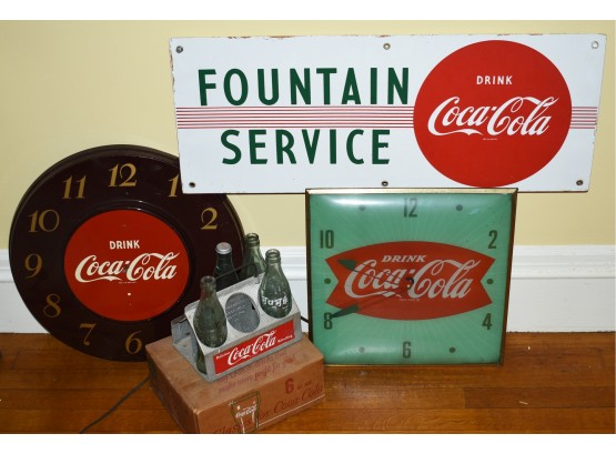Great Coca~Cola Advertising Lot:  Two Clocks, Bottles, Enameled Signs (CTF20)