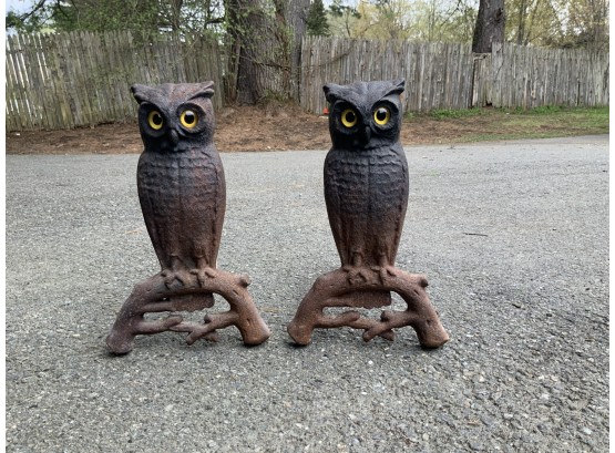 Arts & Crafts Owl Andirons With Glass Eyes (CTF10)