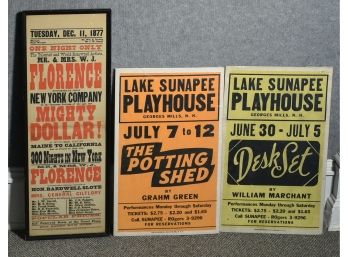 Three Broadside Posters  Lake Sunapee Playhouse And Mr. & Mrs. W.J. Florence (CTF10)