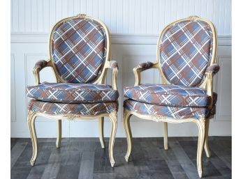 Pair French Style Upholstered And Cream Painted Open Arm Chairs (CTF10)