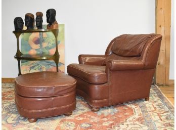 Ethan Allen Brown Leather Club Chair And Matching Ottoman (CTF20)