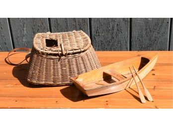 Vintage Hand Made Row Boat & Fishing Creel (CTF10)