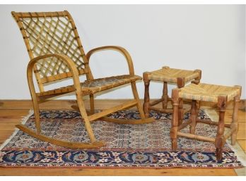 Vintage Snowshoe Rocking Chair, Footstools & Oriental Scatter Rug (CTF10)