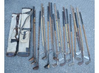 18 Vintage And Antique Wood Shaft Golf Clubs With Two Canvas Bags (CTF10)