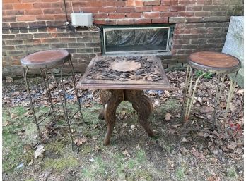 Vintage Lot: Carved Asian Table Along With Pair Of Ice Cream Stools (CTF10)