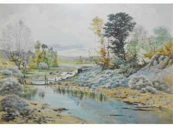 Signed Vintage Watercolor, Landscape With Village (CTF10)