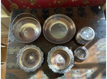 Silver Lot: Pr. Wine Coasters, Two Hollow Ware, And Six Coasters  (CTF10)