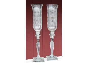 Signed Heisey Etched Glass Candlesticks With Matching Hurricane Shades (CTF10)