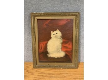 Antique Oil On Canvas, White Cat, Signed L. Walter (CTF10)