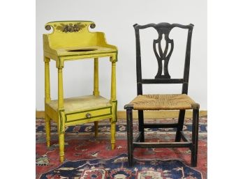 New England 19th C. Paint Decorated Wash Stand & Period Chippendale Side Chair (CTF10)