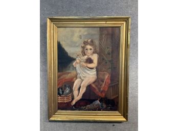 Antique Oil On Canvas, Girl With Animals (CTF10)