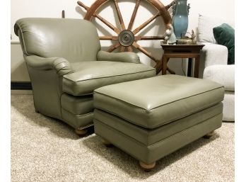 National Upholstering Co. Green Leather Hunter Chair And Ottoman For David Sutherland Inc, Oakland CA (CTF20)