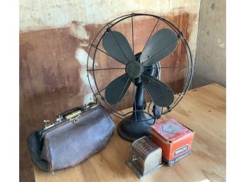 Vintage Collectible Lot: Diehl Electric Fan, Kalon Bingo Game, Doctors Bag With Barbers Kit (CTF10)