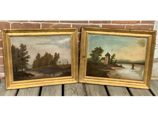 Two 19th C. Primitive Oil Paintings In Lemon Gold Frames (CTF20)