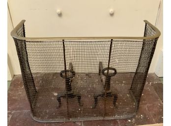 Antique Keyhole Andirons & Brass And Wire Fire Screen (CTF20)