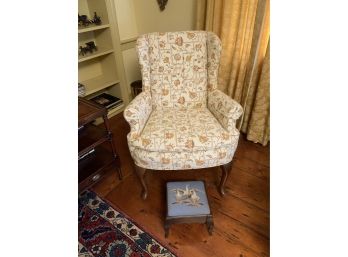 Ladies Queen Anne Style Wing Chair & Walnut Needlepoint Stool (CTF10)