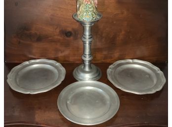 Early 19th C. Pewter, Pricket Altar Stick & Plates (CTF10)