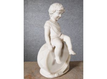 Antique Carved Marble Sculpture Of Young Boy Seated On A Drum (CTF10)
