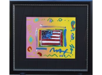 1999 Peter Max 1999 Acrylic Collage On Paper, Flag With Heart (CTF10)