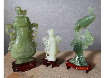 Three Jade Carvings: Covered Vessel, Bird And Figure (CTF10)