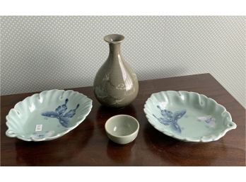 Antique Celadon Leaf Shaped Dishes, Sake Bottle & Cup (CTF10)