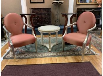 Custom Carved Arm Chairs With Silver Painted Frame And Salmon Silk Upholstery (CTF20)