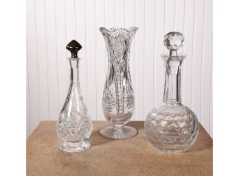 Hawkes Cut Crystal Decanter, Other Decanter And A Cut Glass Vase (CTF10)