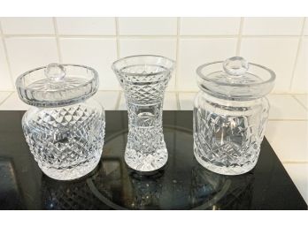 Waterford Crystal, Two Jam Pots And A Bud Vase (cTF10)
