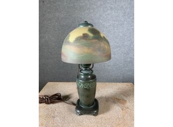 Patinated Metal  Boudoir Lamp With Reverse Painted Shade (CTF10)