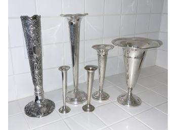 Five Weighted Sterling Vases & Elaborate Silver Plated Example (CTF10)