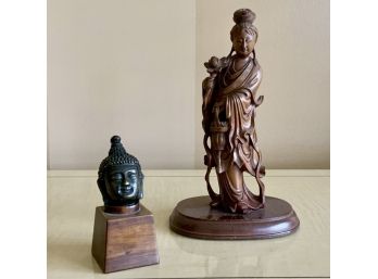 Chinese Boxwood Quen Ying Carving And Miniature Bronze Buddha Head (CTF10)