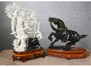 Two Jade Carvings, Woman With Swords And Stylized Tang Style Horse (CTF10)